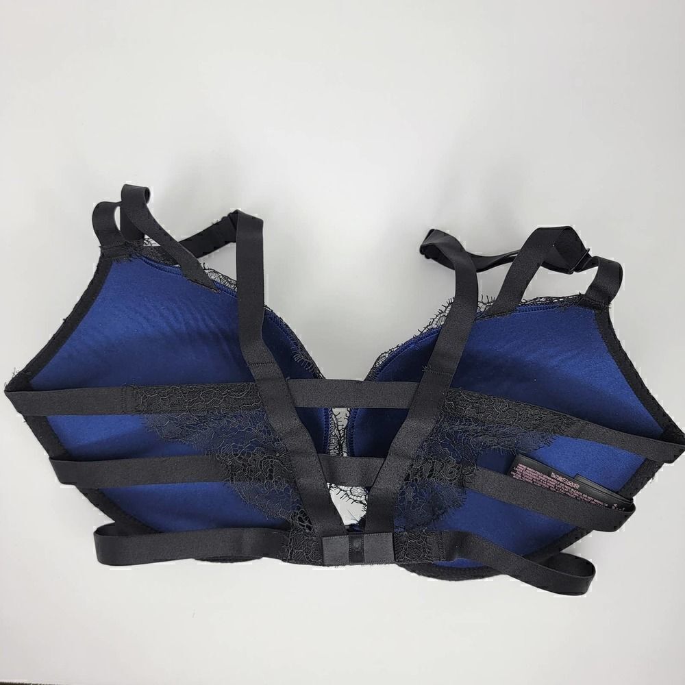 Victorias Secret Push Up Cutout Strappy Lace Blue Black 32 DD - Picture 2 of 13